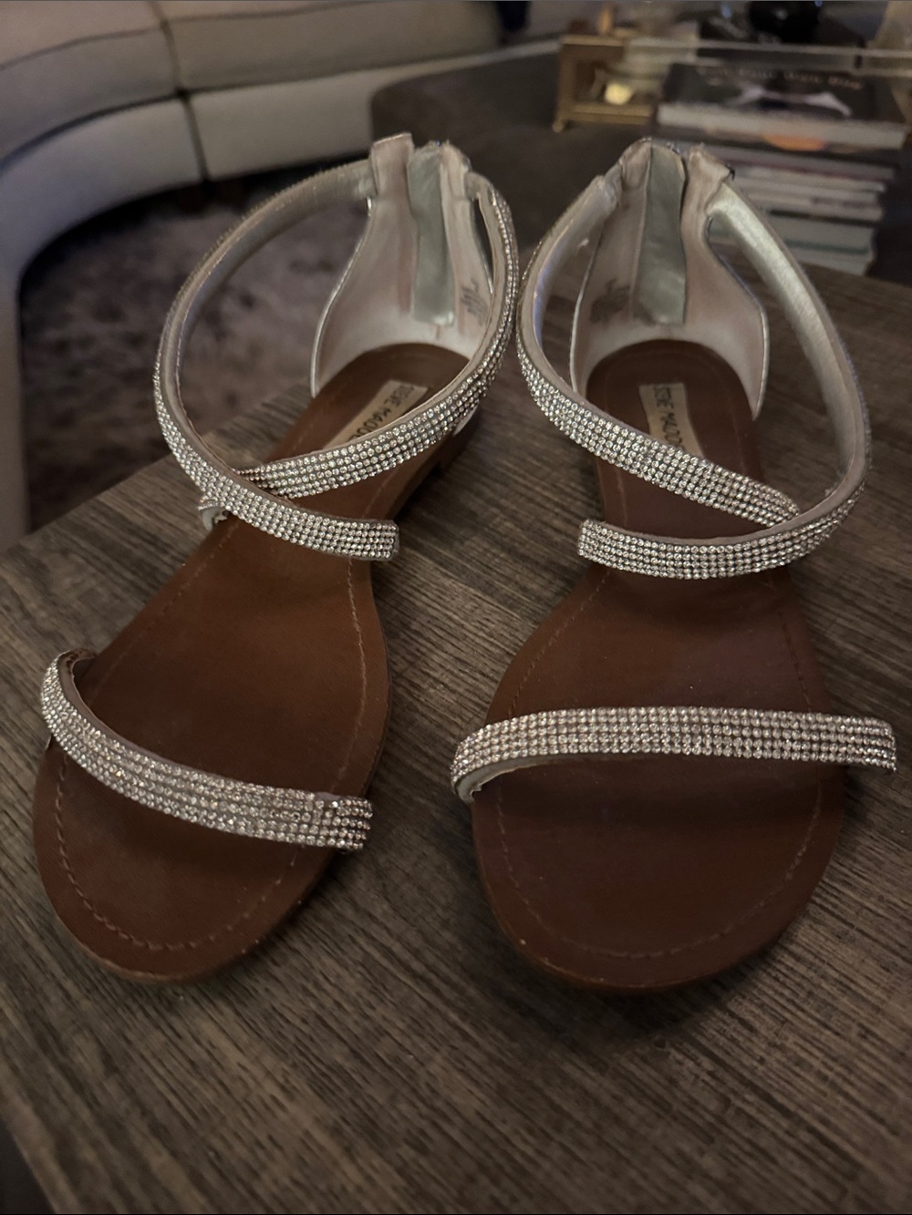 Steve Madden Silver Crystal-Strap Flat Sandals with Brown Footbed